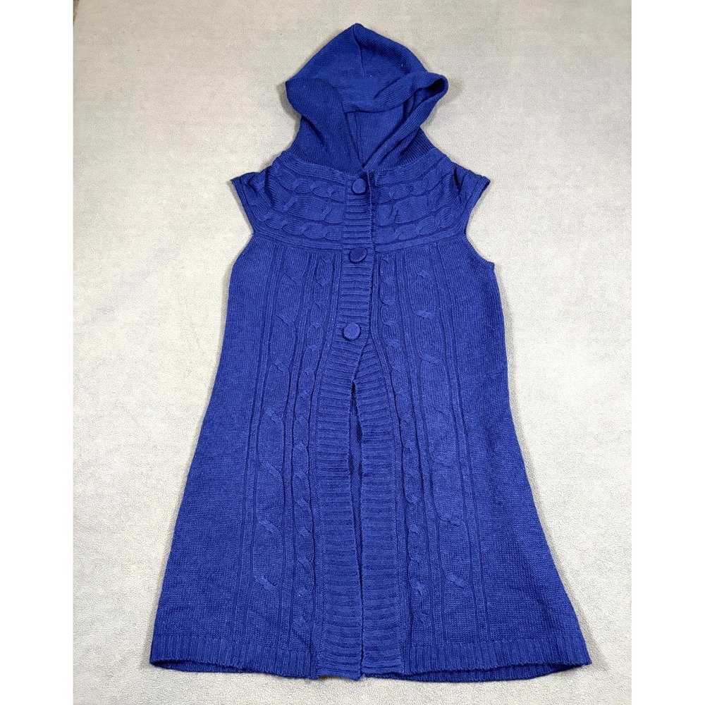 Ambiance Apparel Cardigan Sweater Vest Womens Medium Blue Hooded Cable Knit